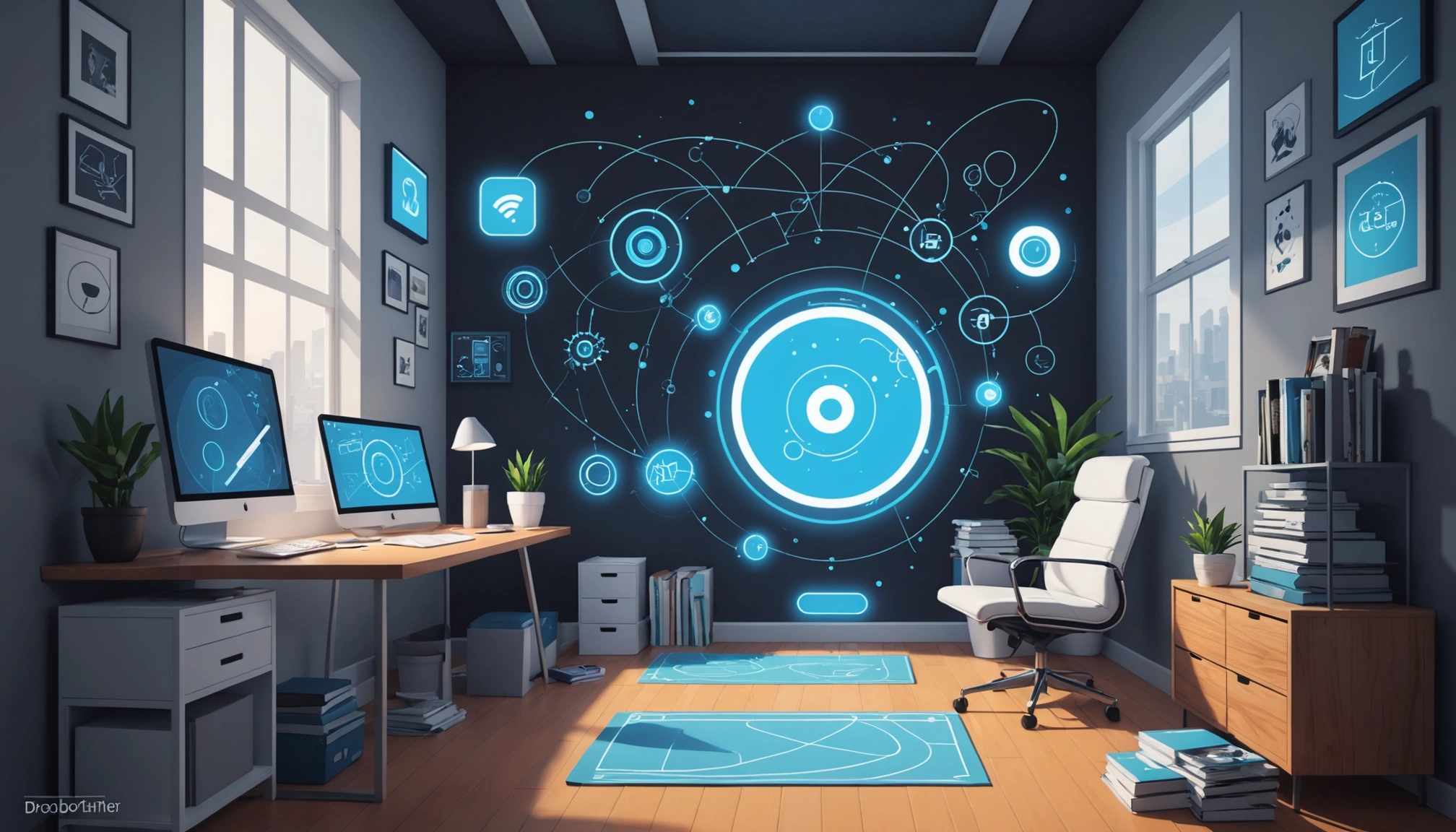 20 Best AI Art Platforms for Online Businesses, Digital art, technology concept, abstract, clean lines, minimalist, corporate blue and white, data visualization, glowing nodes