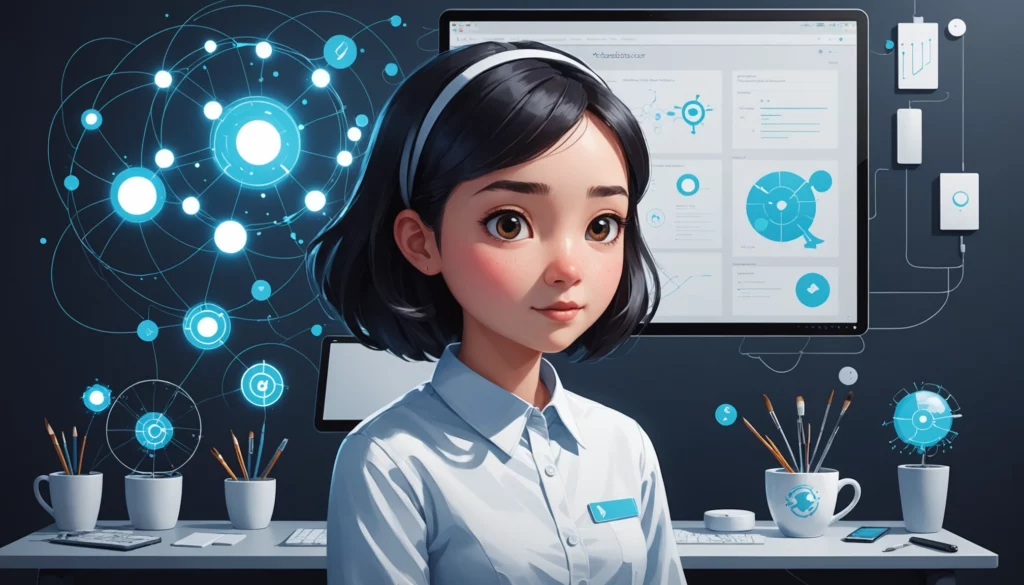 25 Best AI Tools for Illustration Studios, Digital art, technology concept, abstract, clean lines, minimalist, corporate blue and white, data visualization, glowing nodes