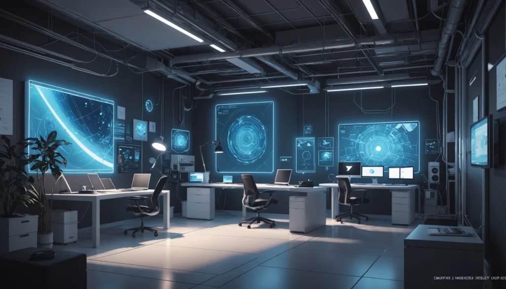 25 Best AI Art Engines for Interior Decor Visuals, Digital art, technology concept, abstract, clean lines, minimalist, corporate blue and white, data visualization, glowing nodes