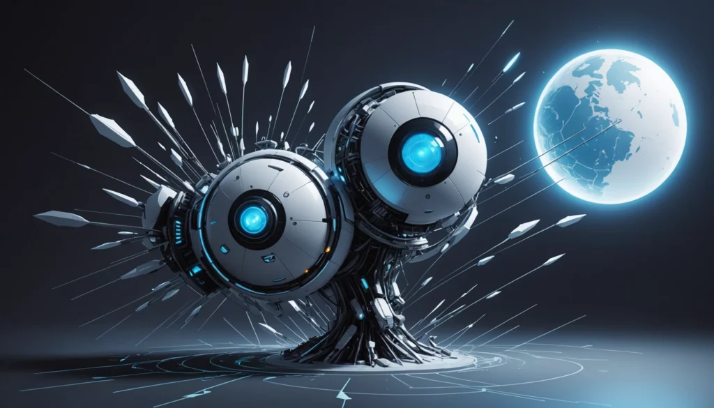 25 Best AI Art Engines for Video Marketing, Digital art, technology concept, abstract, clean lines, minimalist, corporate blue and white, data visualization, glowing nodes