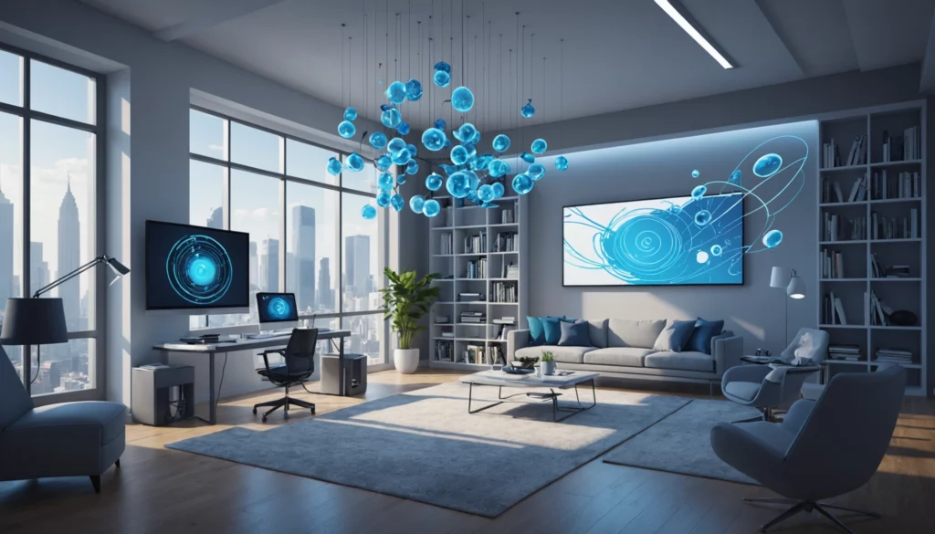 15 Best AI Art Engines for Luxury Real Estate Marketing, Digital art, technology concept, abstract, clean lines, minimalist, corporate blue and white, data visualization, glowing nodes