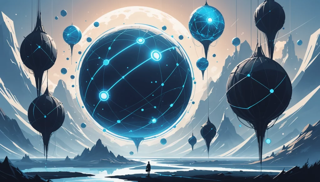 Top 25 Midjourney Alternatives for NFT Art Creation, Digital art, technology concept, abstract, clean lines, minimalist, corporate blue and white, data visualization, glowing nodes