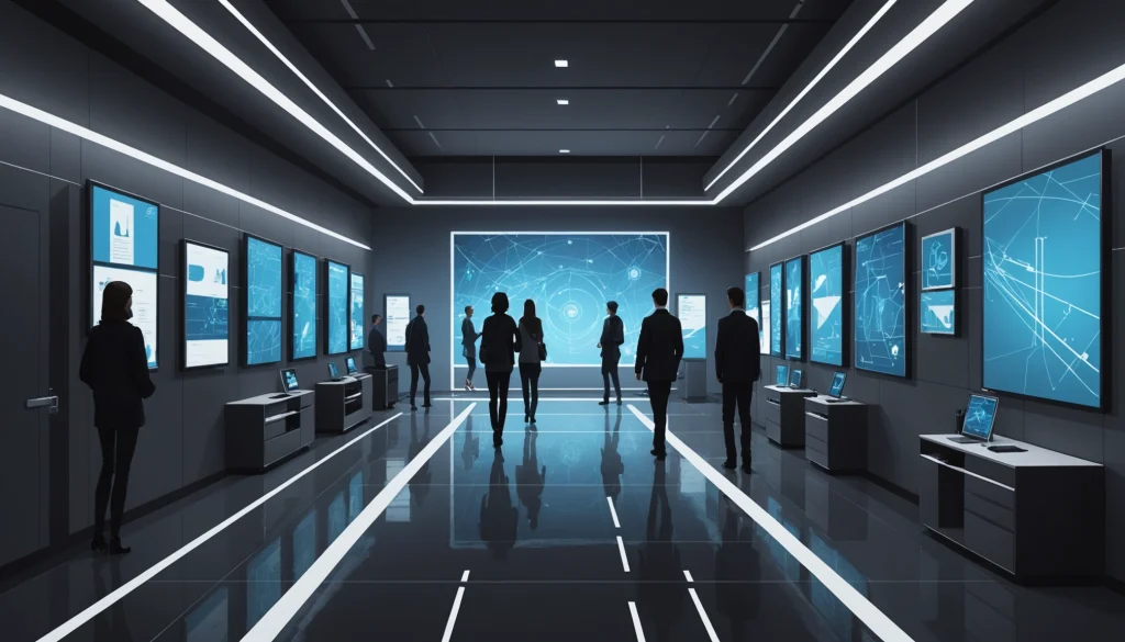15 Best Runway AI Alternatives for Storyboard Design, Digital art, technology concept, abstract, clean lines, minimalist, corporate blue and white, data visualization, glowing nodes